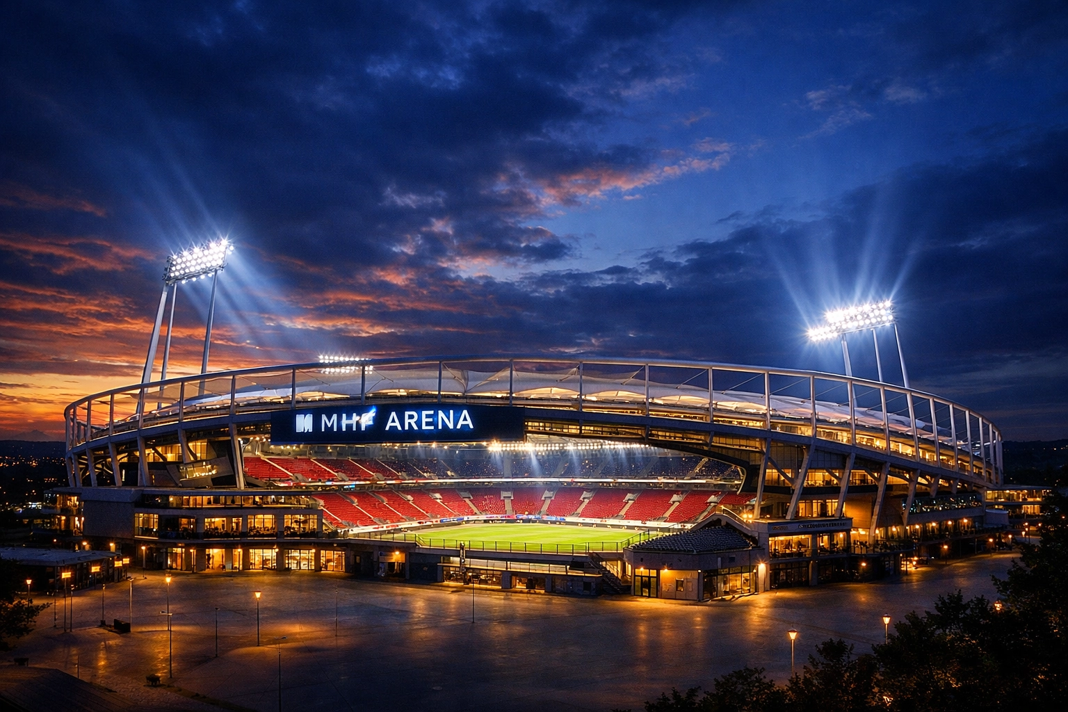 Beleuchtete MHP Arena Stuttgart vor dem Länderspiel Deutschland gegen Ghana am 30. März 2026.