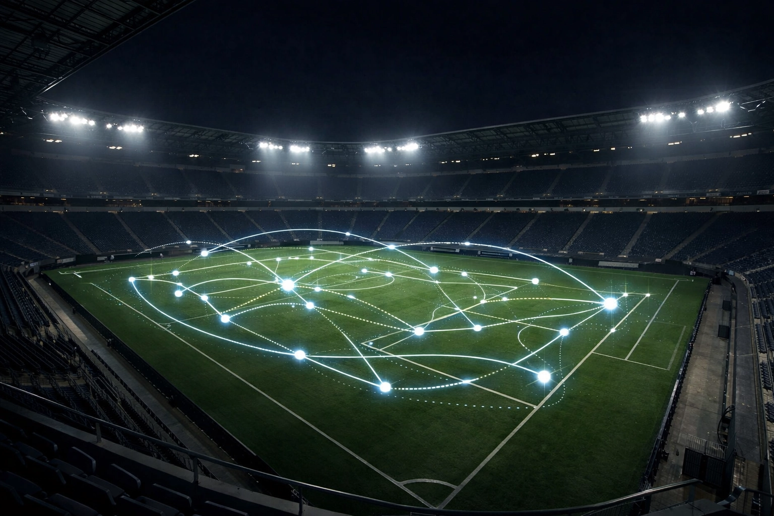 Visuelle Datenanalyse von Taktik und Spielzügen in einem modernen Stadion bei Nacht.