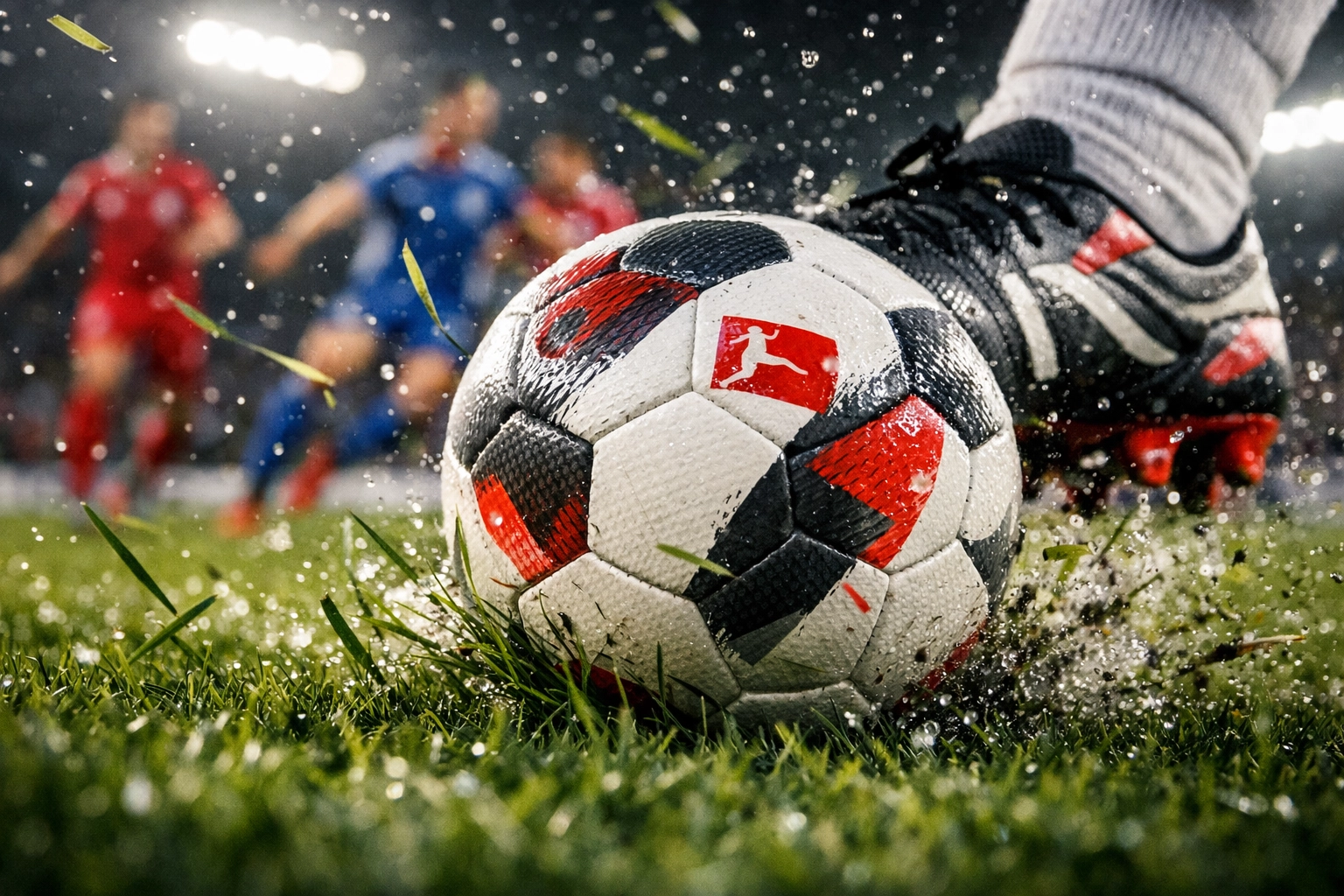 Detailaufnahme eines Fußballs im Zweikampf während der Bundesliga-Partie Leipzig gegen Hoffenheim.