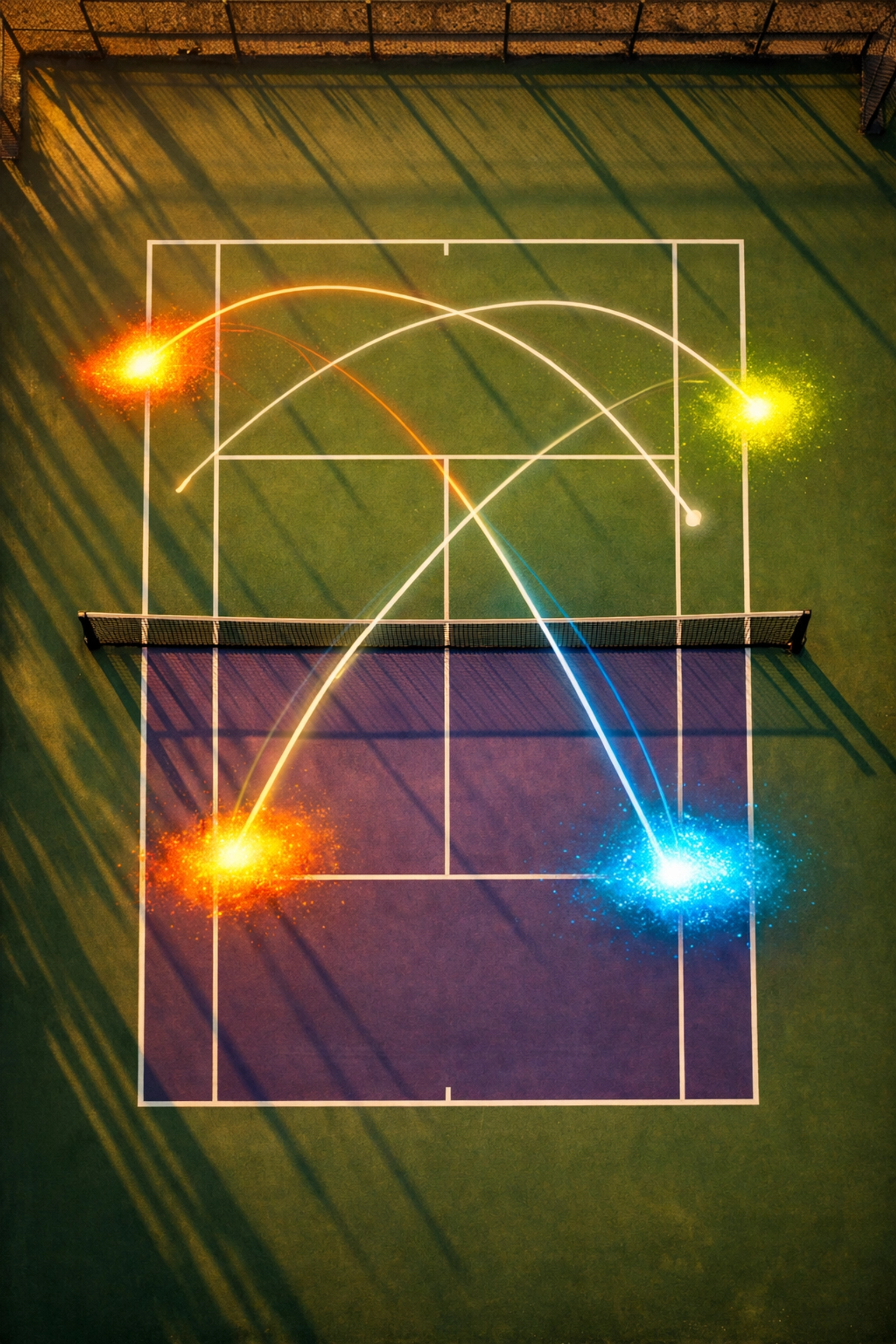 Statistische Tennis Analyse mit digitalen Heatmaps der Ballwege auf dem Court.