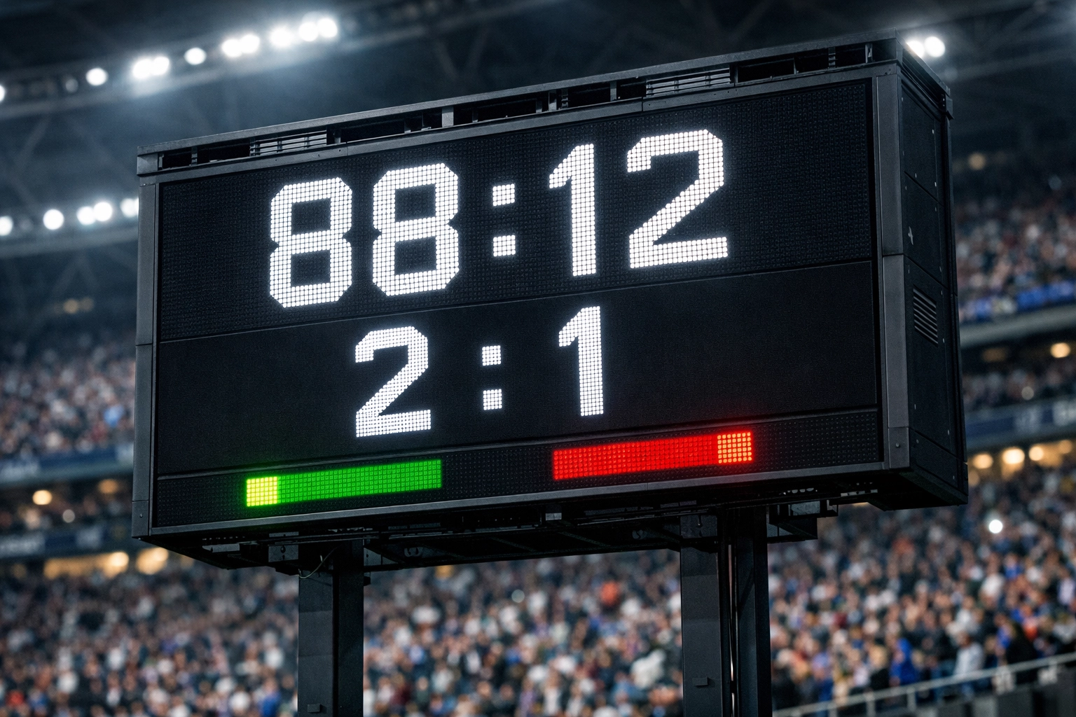Stadion-Anzeigetafel zeigt die 89. Minute für Wetten auf späte Tore in der Schlussphase.
