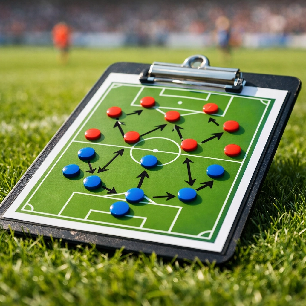 Taktikboard auf dem Spielfeld zeigt Fußball-Formationen für die Spielanalyse.