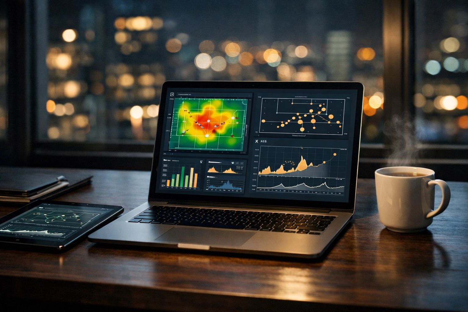 Analysten-Arbeitsplatz mit xG-Daten und Heatmaps zur präzisen Spieltagsvorschau.