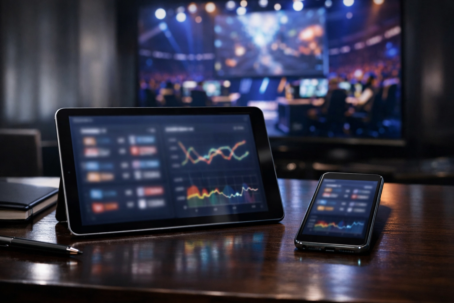 Digitale Wahrscheinlichkeitsdiagramme und E-Sports Live-Daten auf Tablet und Smartphone