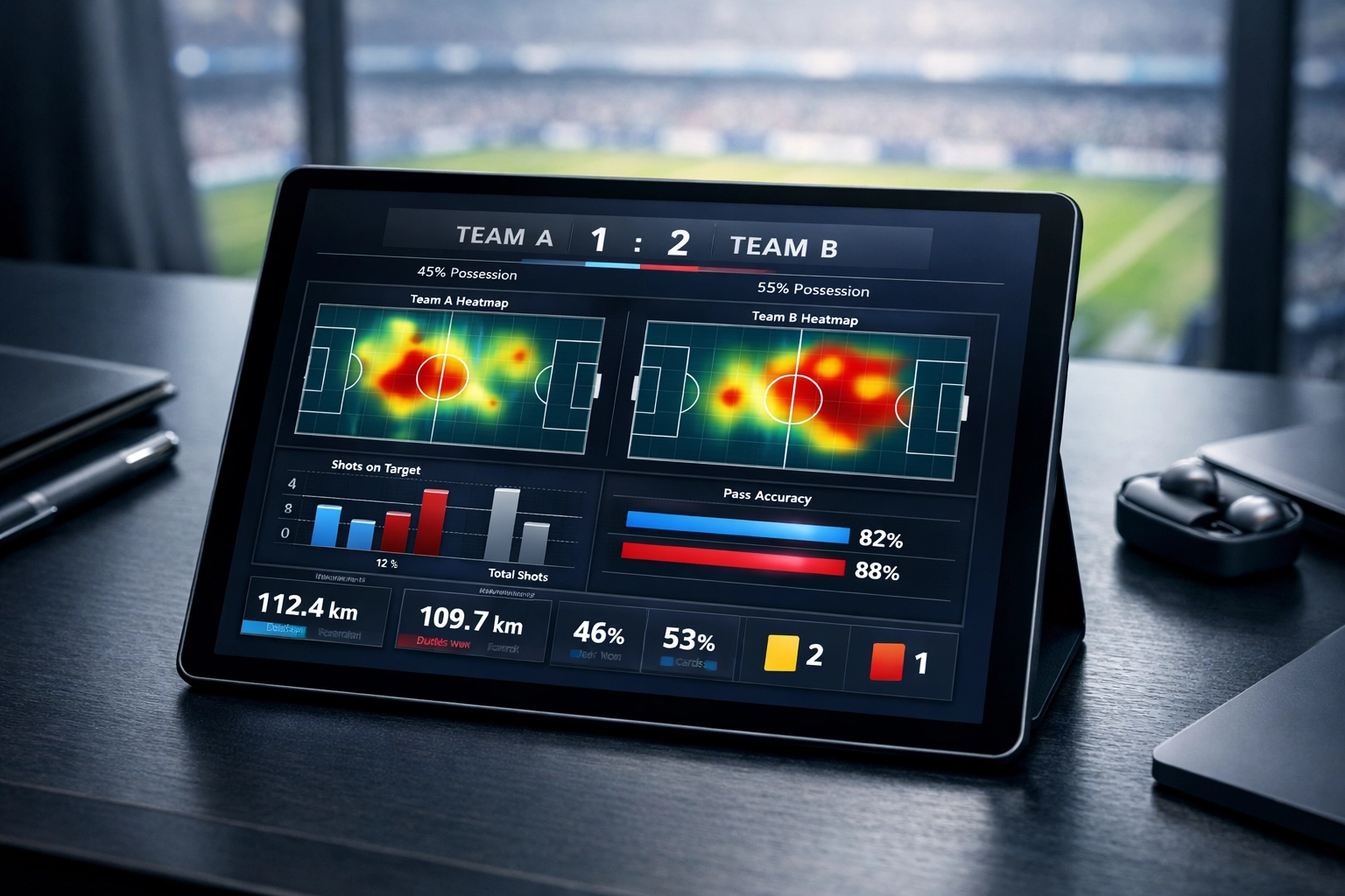 Analyse von xG-Daten und Statistiken für SC Freiburg gegen Bayer Leverkusen auf einem Tablet.