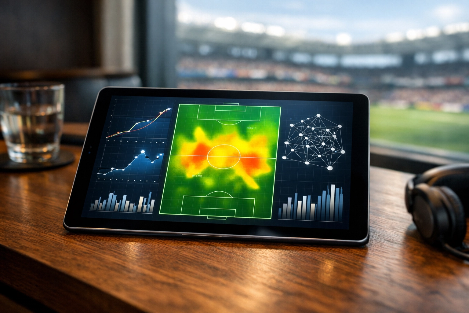 Analyse von Spieldaten und xG-Werten für das Rhein-Main-Derby auf einem Tablet im Stadion.