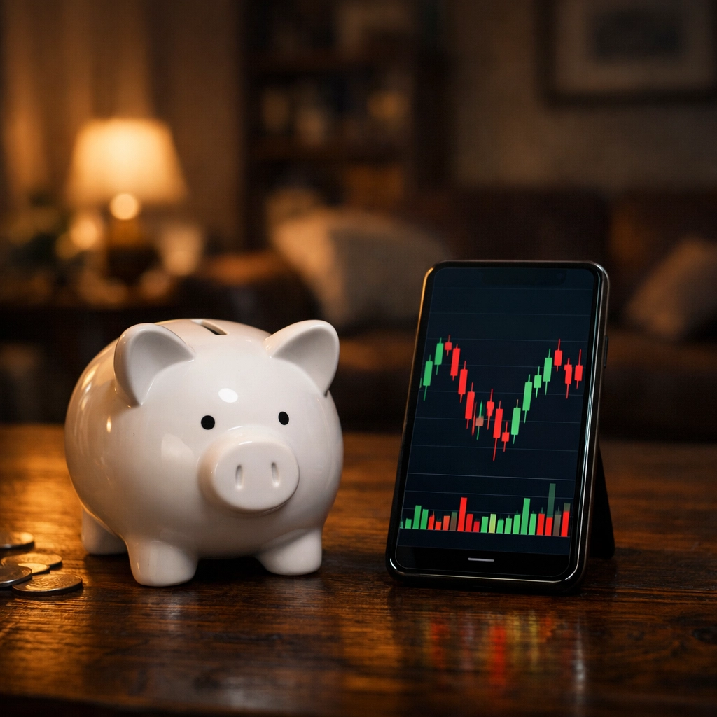 Sparschwein und Smartphone mit Finanz-Charts verdeutlichen Markttrends und Inflation.