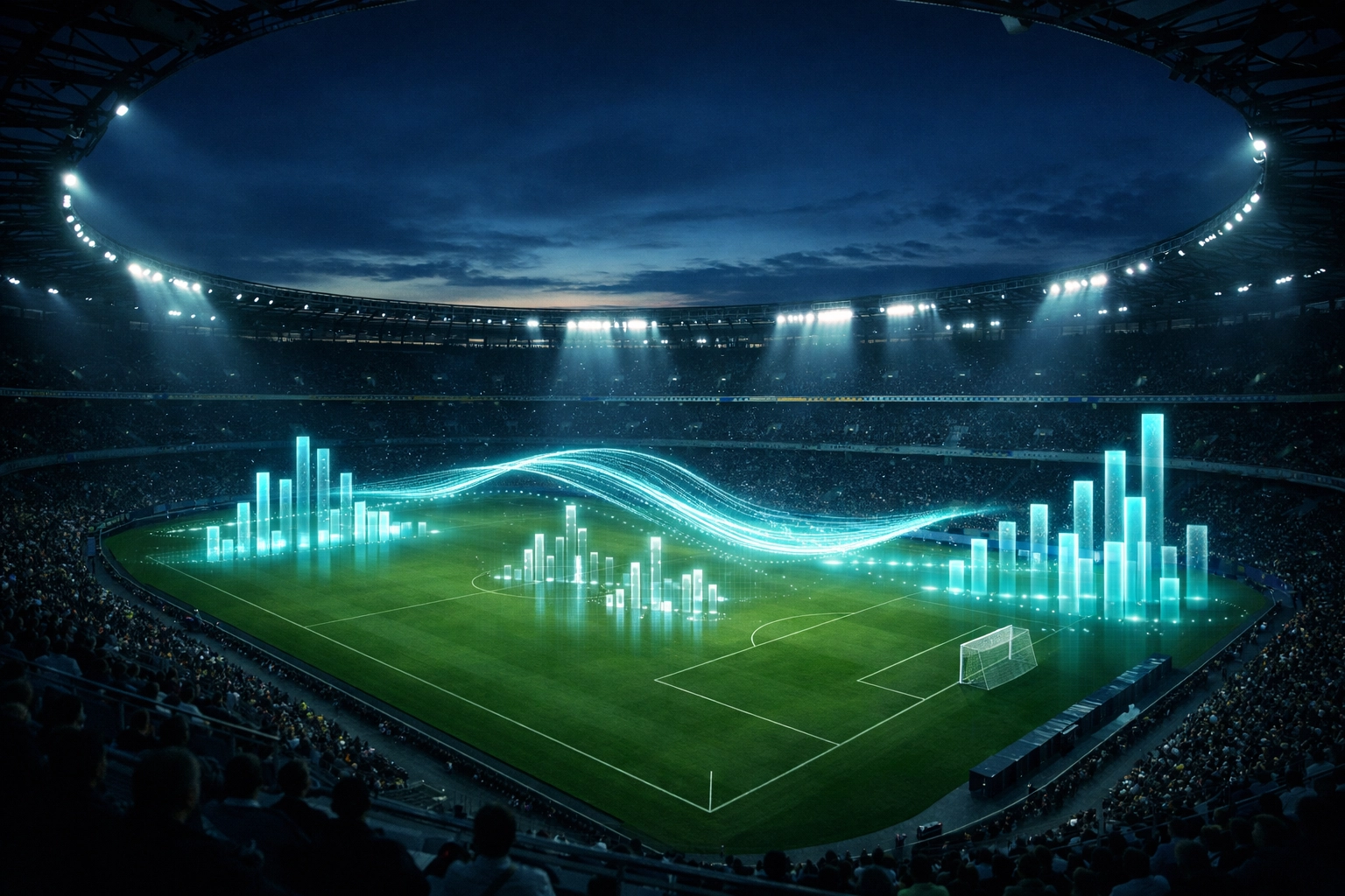 Fußballstadion mit digitalen Daten-Visualisierungen zur Analyse von Quotenbewegungen und Markttrends.