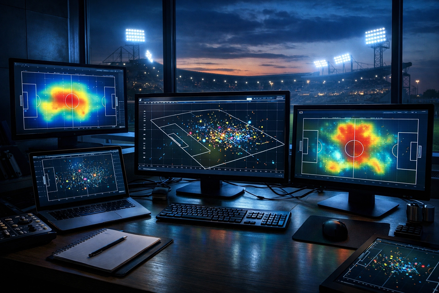 Moderne Datenanalyse am Monitor mit Heatmaps und statistischen Fußball-Metriken.