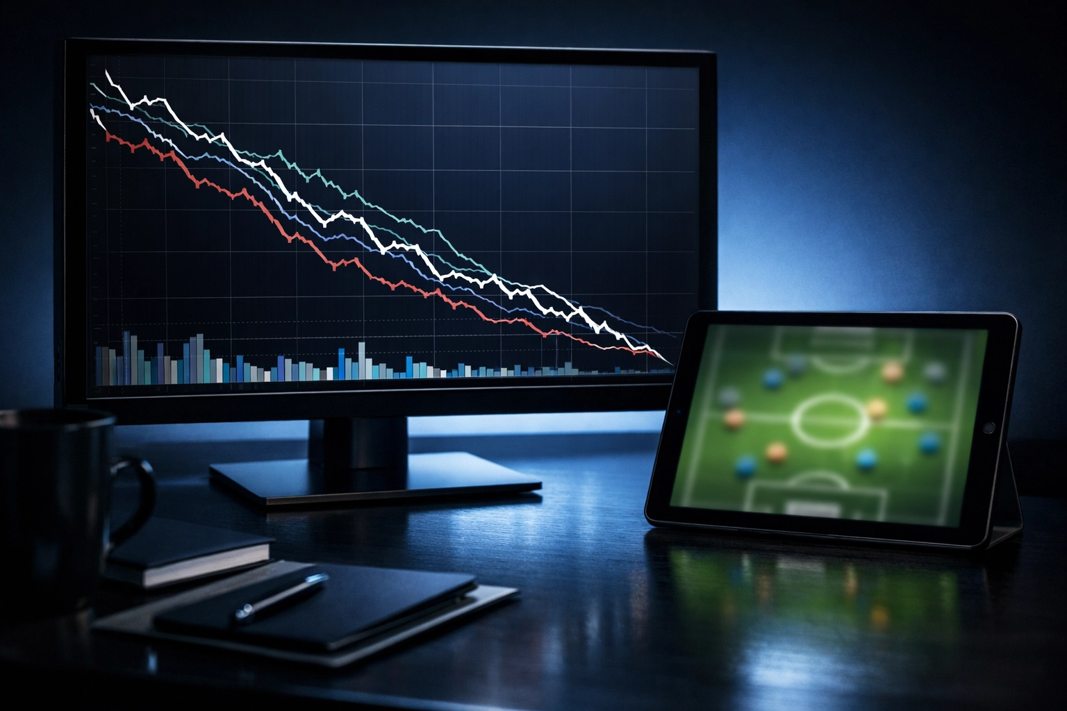 Monitor zeigt fallende Quoten in einem Liniendiagramm für die professionelle Marktanalyse.