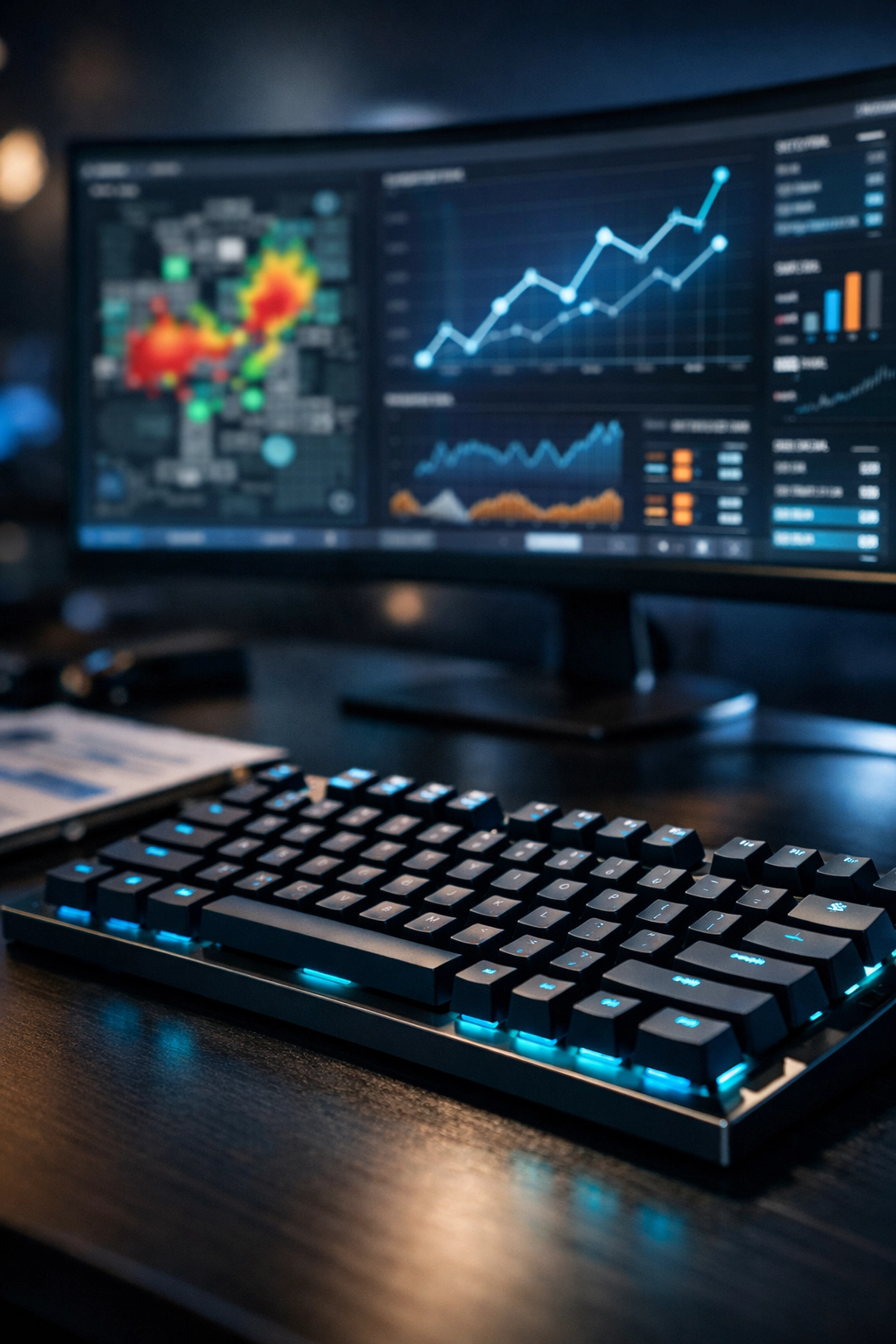 Professionelle E-Sports Datenanalyse mit taktischen Heatmaps und Statistiken auf einem Monitor