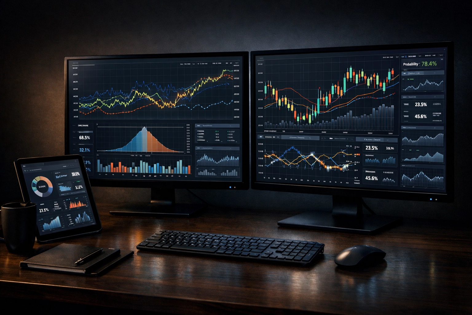 Datenbasierte Quoten-Analyse und Markt-Statistiken auf Monitoren eines Analysten.