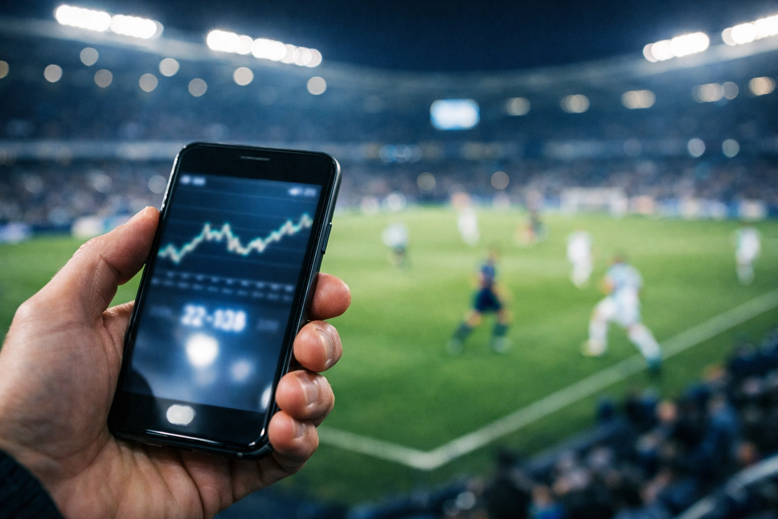 Analyse von Live-Quoten auf einem Smartphone im Fußballstadion für Strategien in Echtzeit.