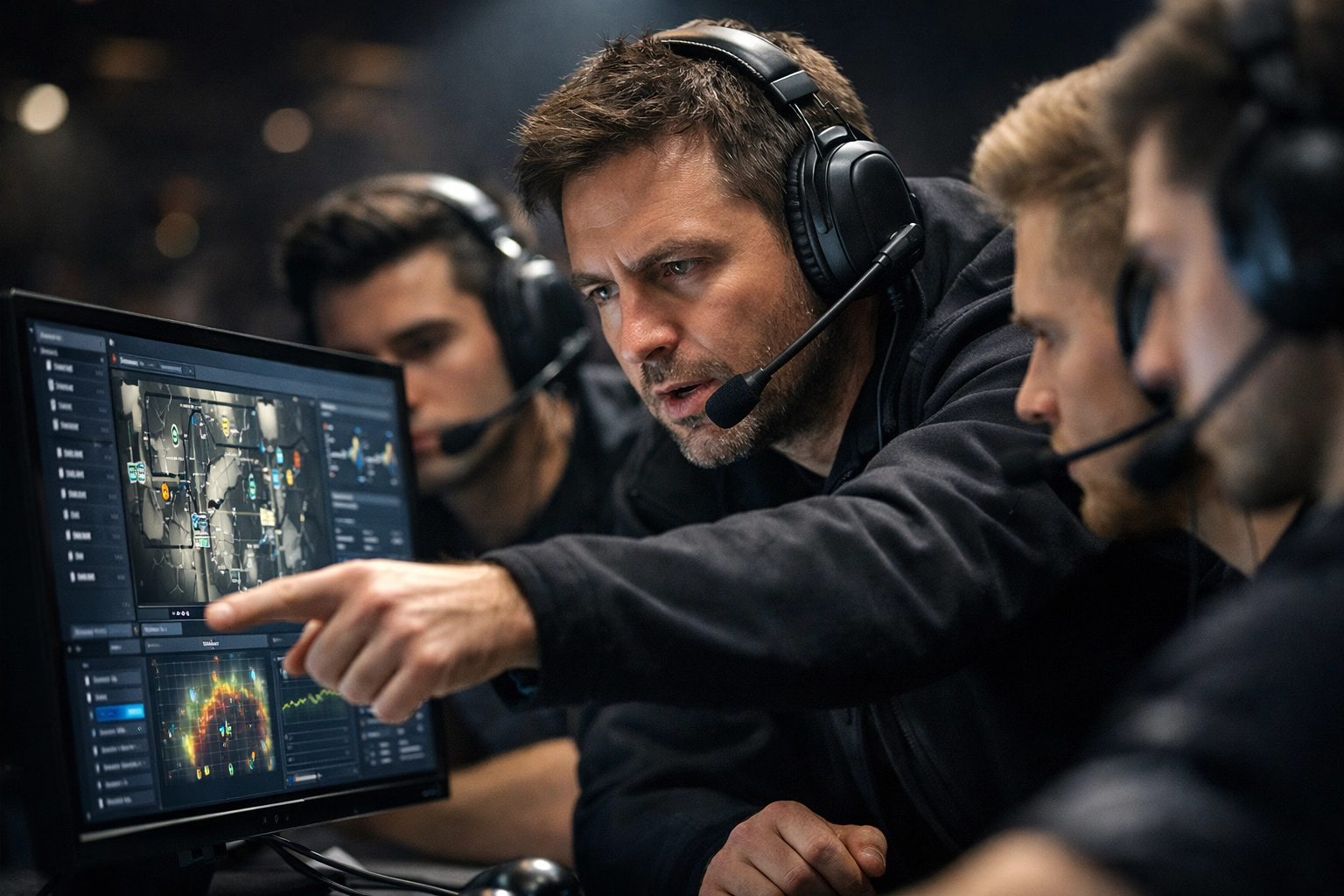Ein E-Sports Coach bespricht die taktische Analyse mit seinem Valorant Team während eines Timeouts.