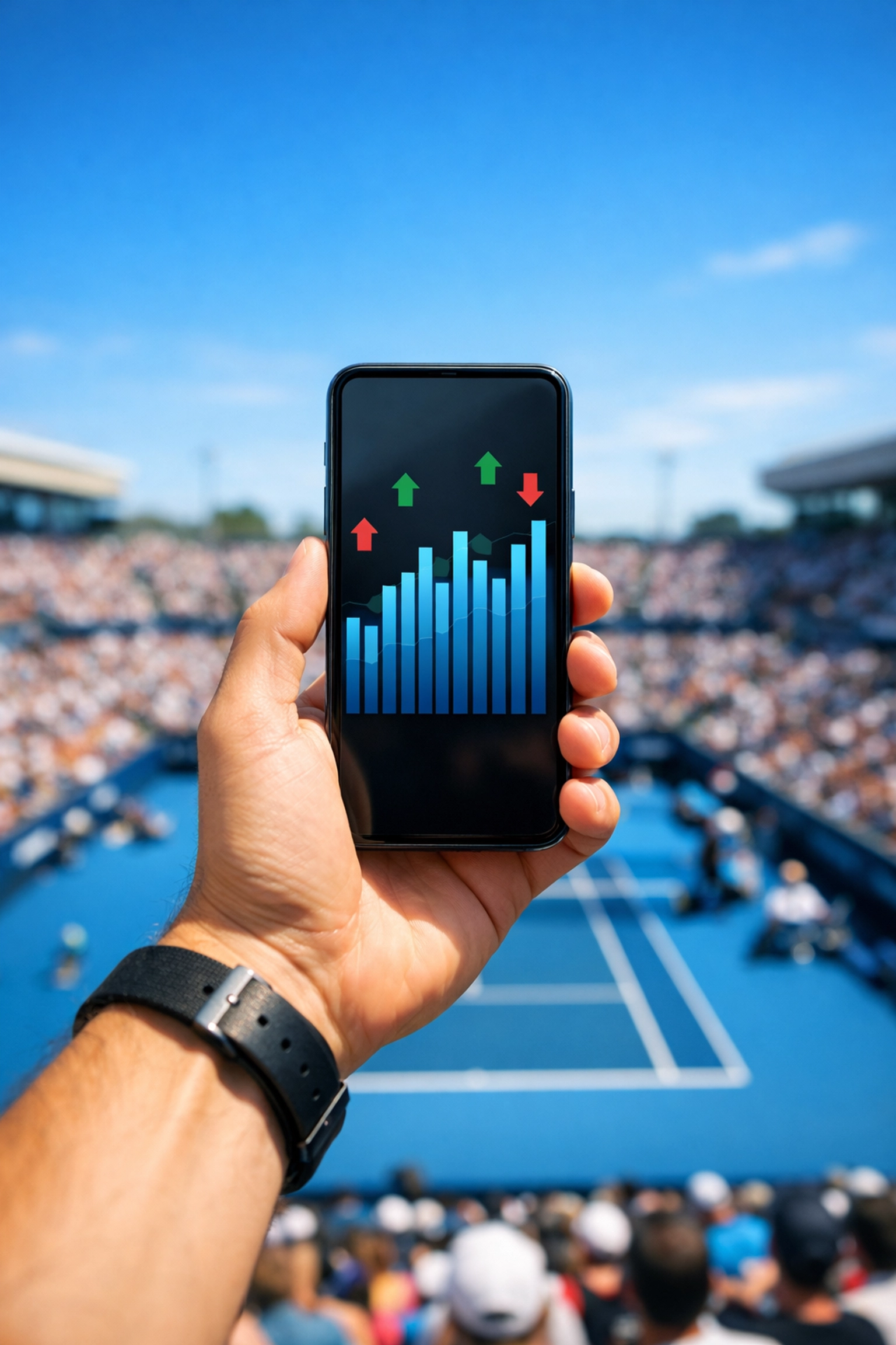 Smartphone mit Live-Daten und Quoten-Diagrammen vor der Kulisse eines Tennisstadions.