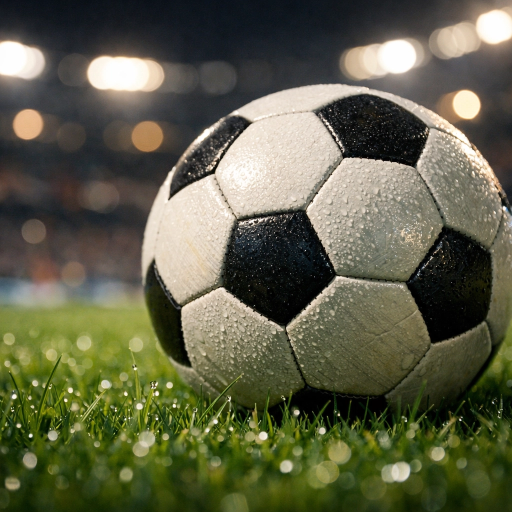 Ein Profi-Fußball auf grünem Rasen bei Flutlicht für die Champions League Analyse Chelsea vs. PSG.