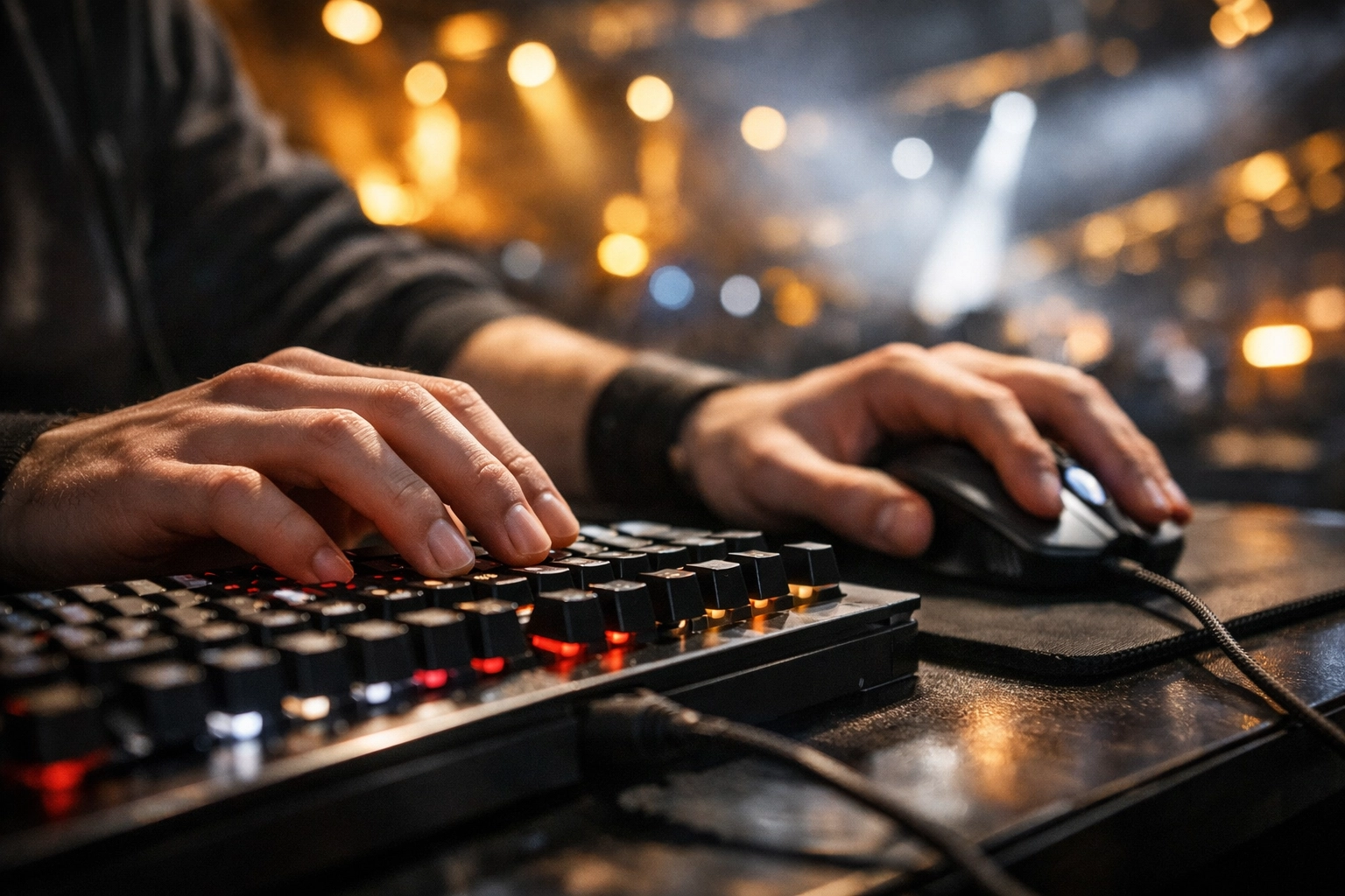 Nahaufnahme eines Profi-Spielers an Maus und Tastatur für präzise taktische CS2-Analysen live im Spiel.