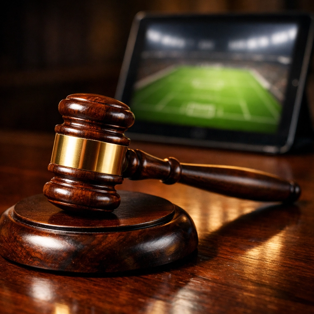 Richterhammer und Tablet mit Fußballfeld zur rechtlichen Lage von Sportwetten in Deutschland.