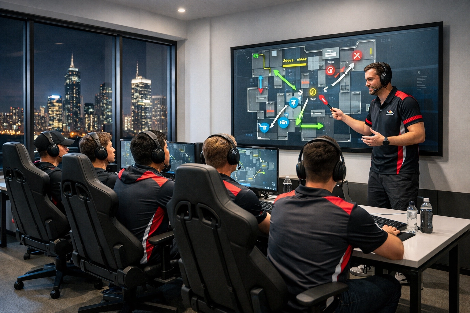 E-Sports Team beim Taktik-Coaching im modernen Bootcamp zur Steigerung der Synergie