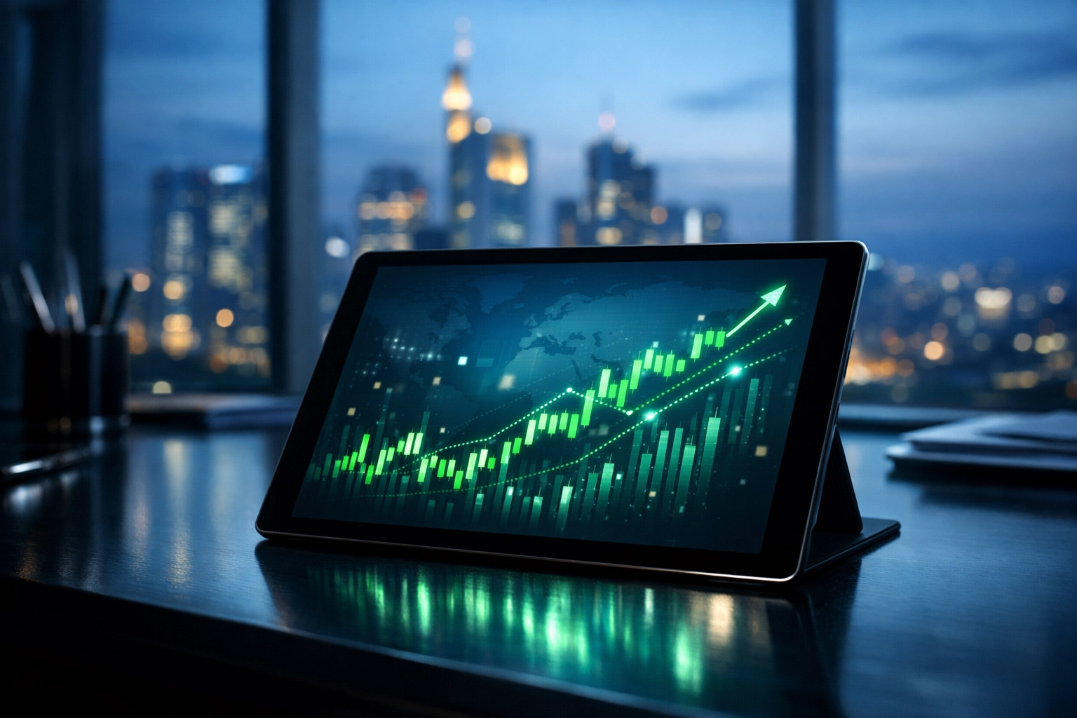 Digitale Marktanalyse mit steigenden Quoten-Trends auf einem Tablet in einem modernen Büro.