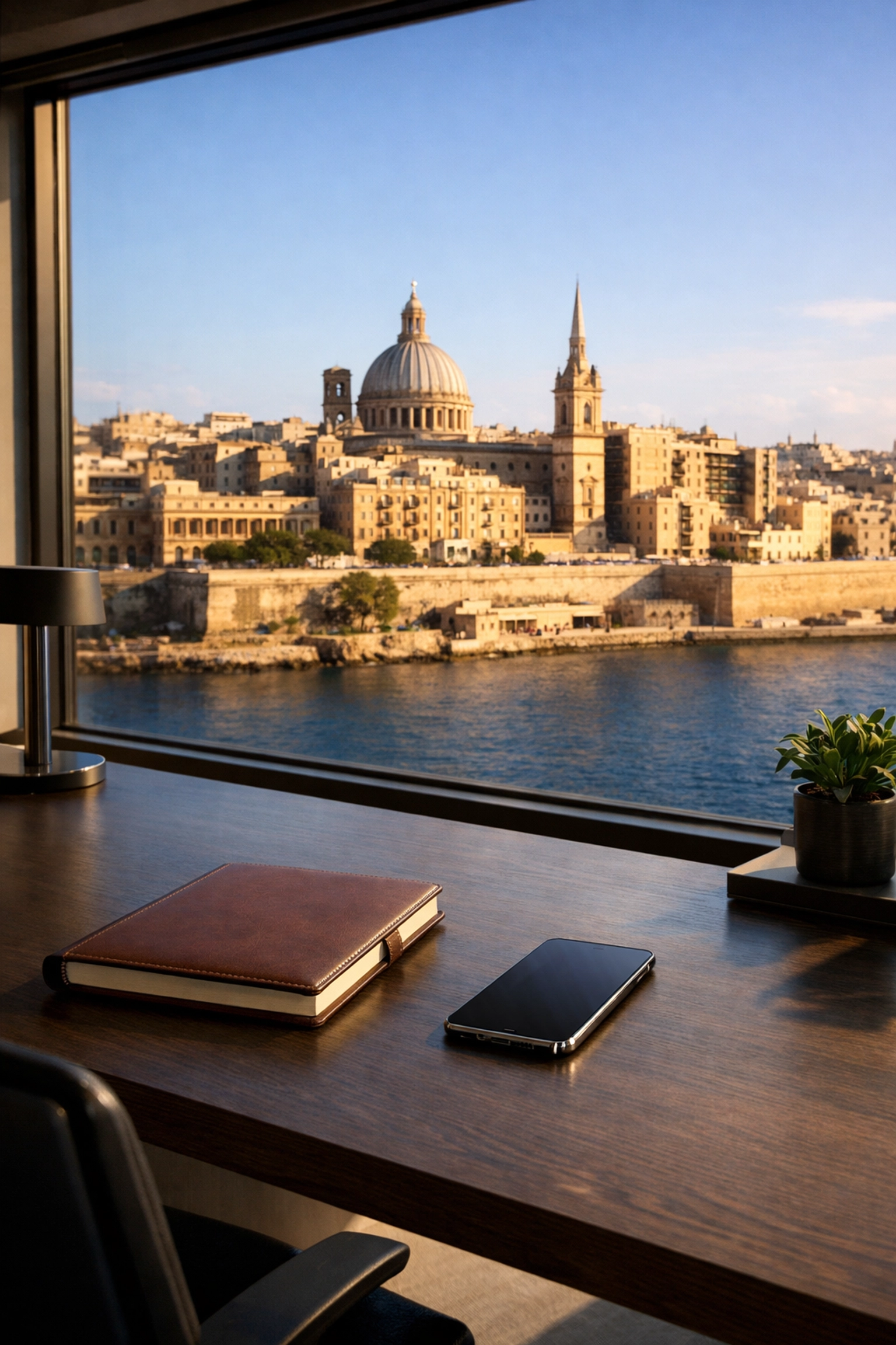 Blick aus einem Büro auf die Skyline von Valletta, Malta, Sitz zahlreicher Online-Wettanbieter.
