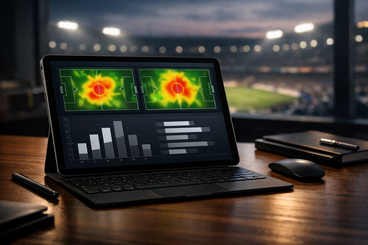 Tablet zeigt Fußball-Statistiken wie xG-Werte und Heatmaps für eine professionelle Analyse.