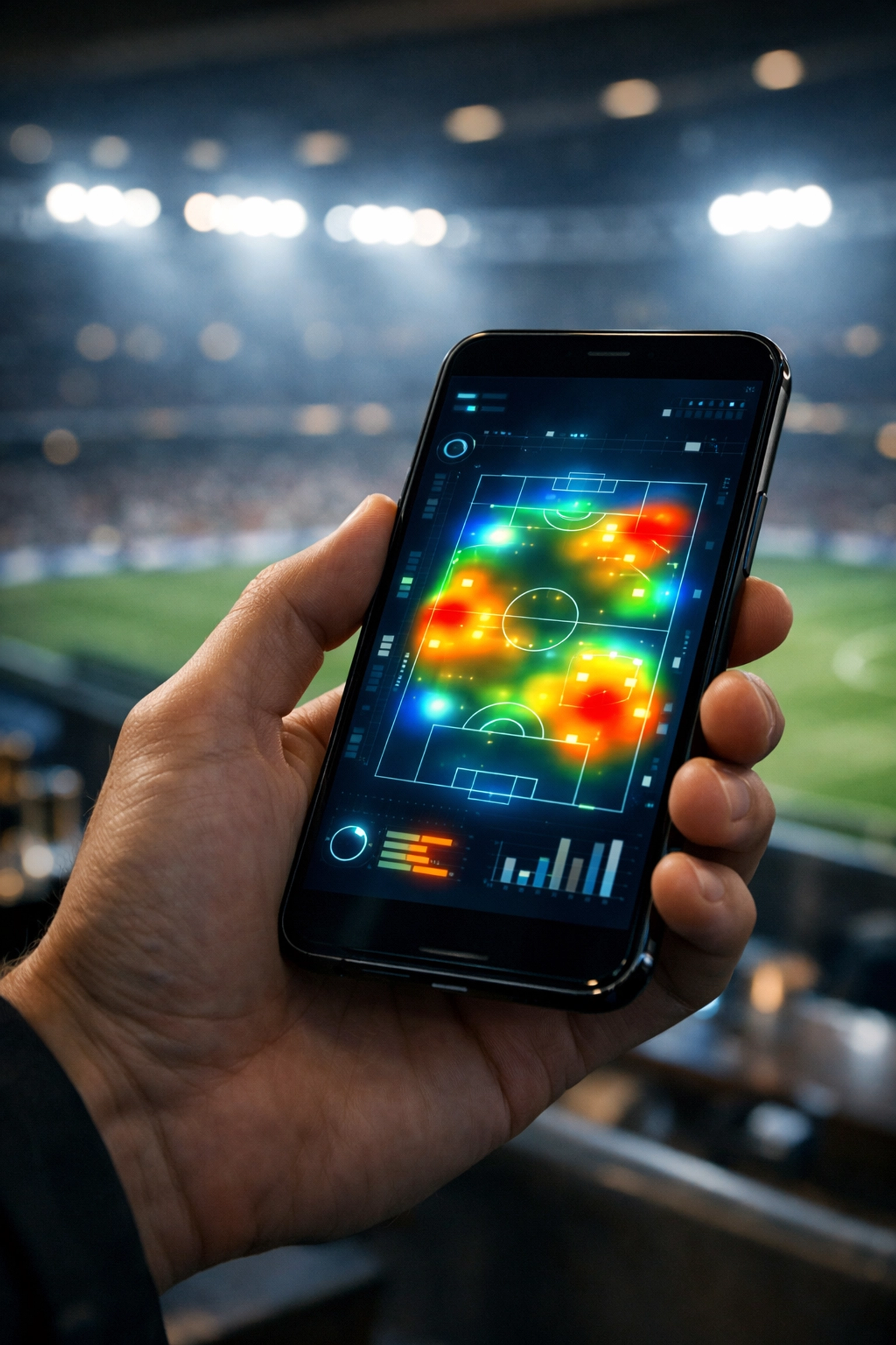 Analyse von Live-xG-Daten und taktischen Heatmaps auf einem Smartphone im Stadion.