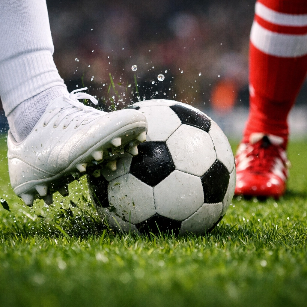 Nahaufnahme eines Fußballers beim Schuss im Derby zwischen Real Madrid und Atlético Madrid.