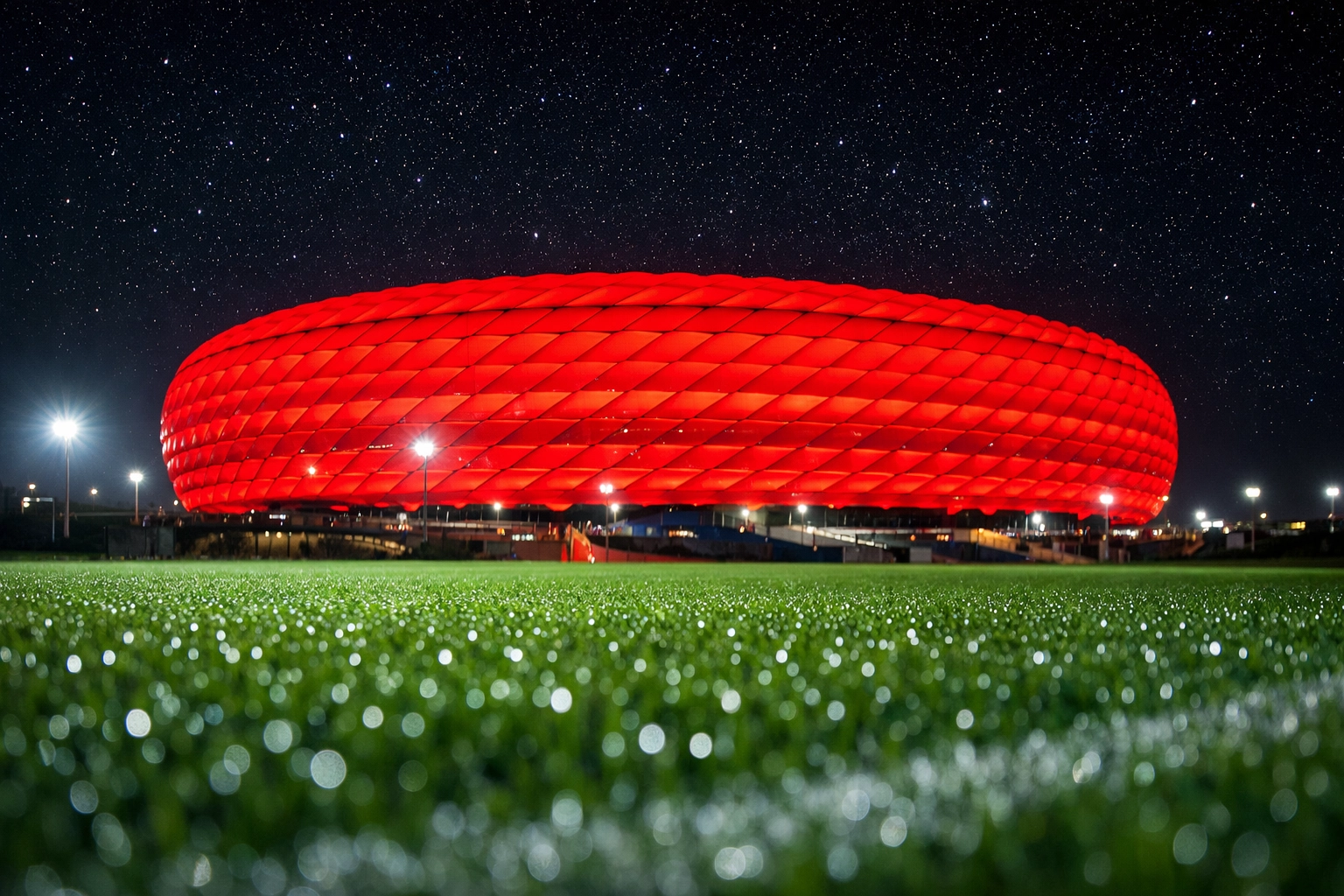 Die rot beleuchtete Allianz Arena bei Nacht als Schauplatz für Bundesliga Tipps zum FC Bayern.
