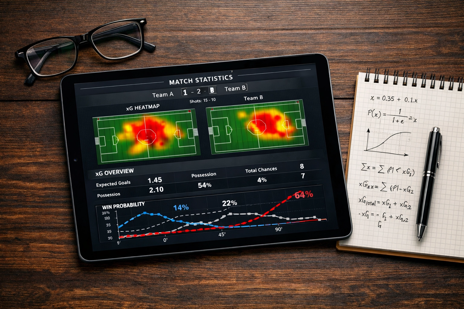Statistische Spielanalyse mit xG-Werten und Wahrscheinlichkeitskurven auf einem Tablet.