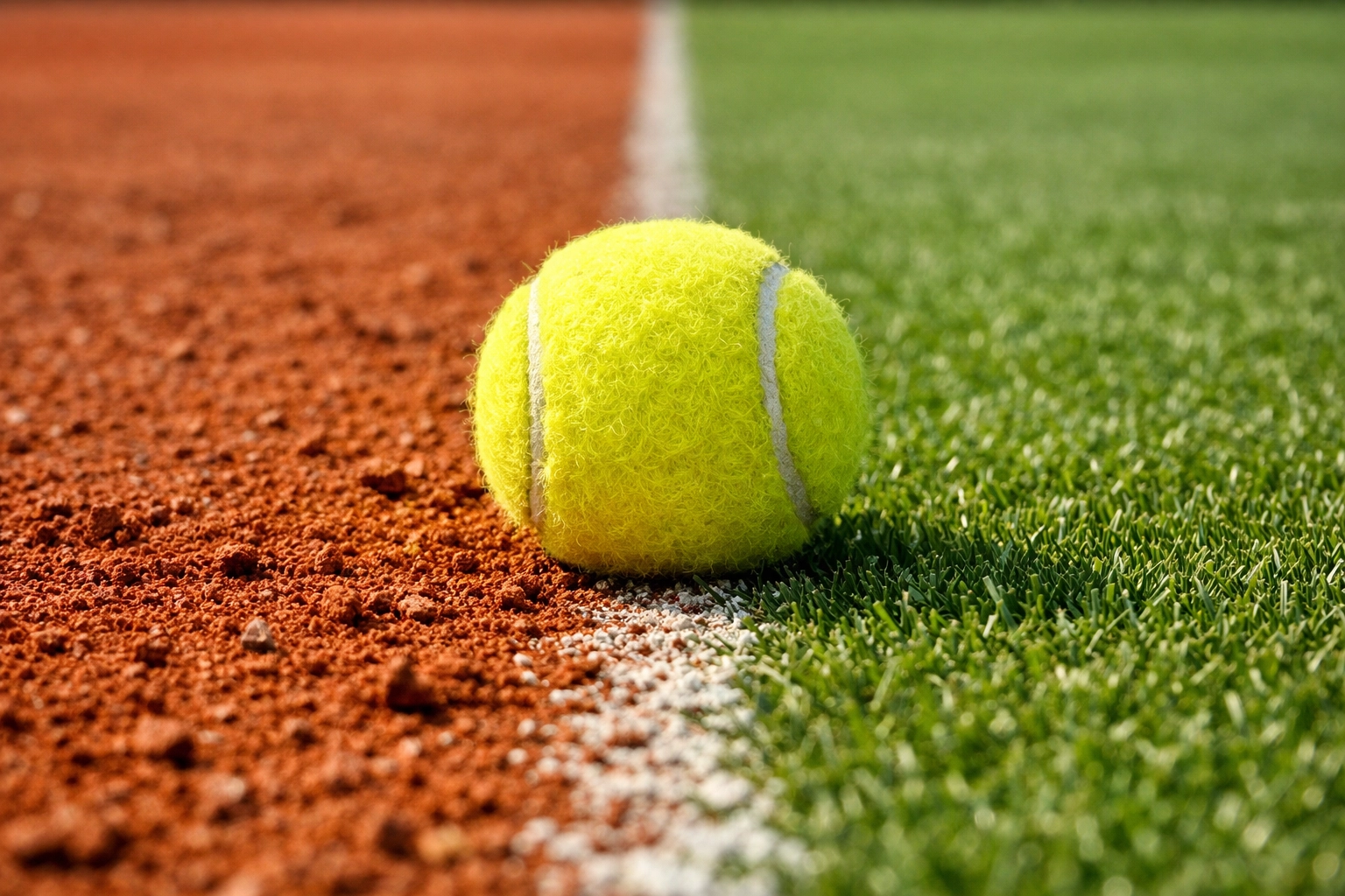Tennisball auf der Grenze zwischen Sandplatz und Rasenplatz zur Analyse der Belagform.