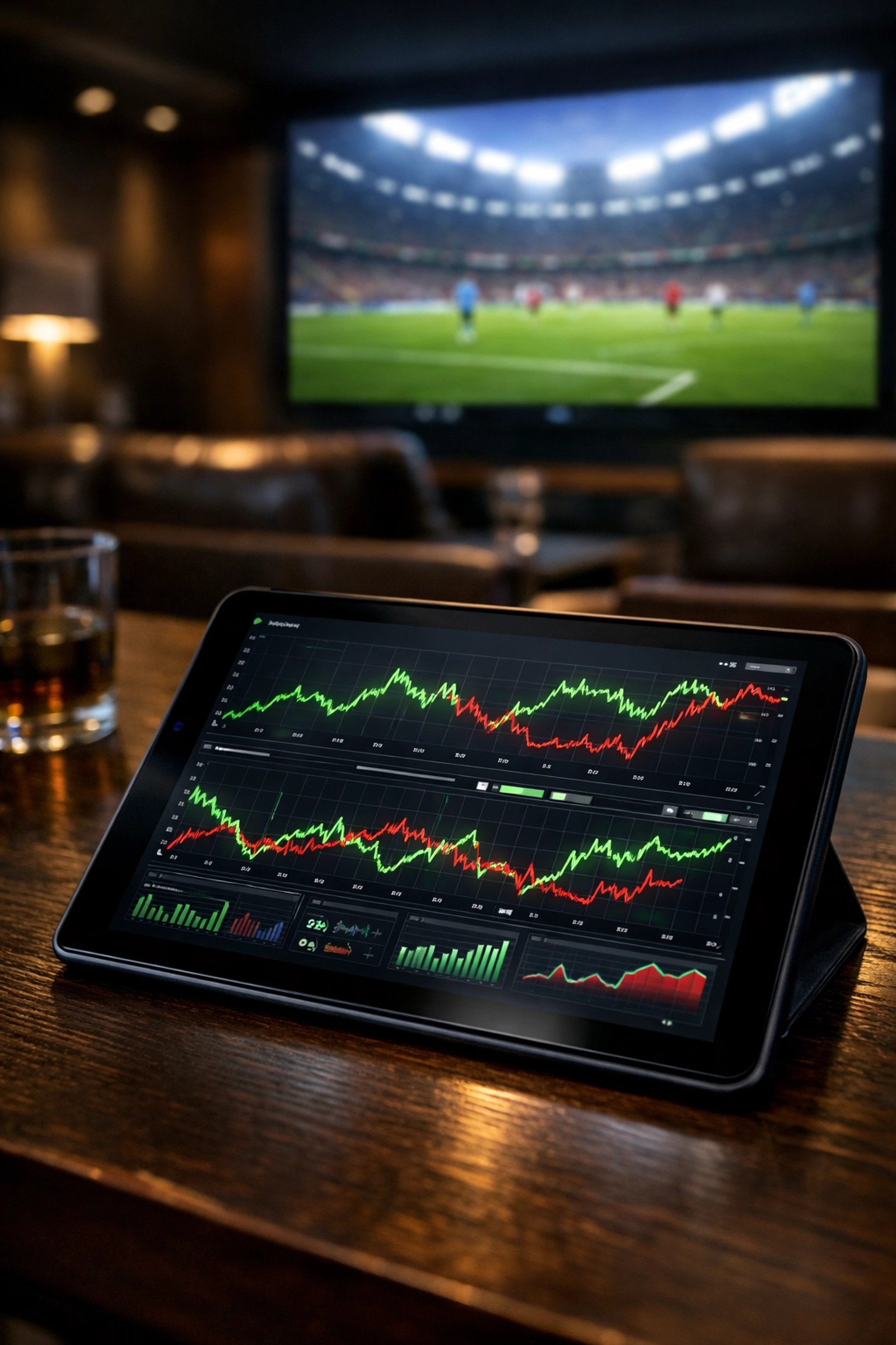 Tablet-Analyse von Quotenbewegungen und Liniendiagrammen in einer Sport-Lounge.