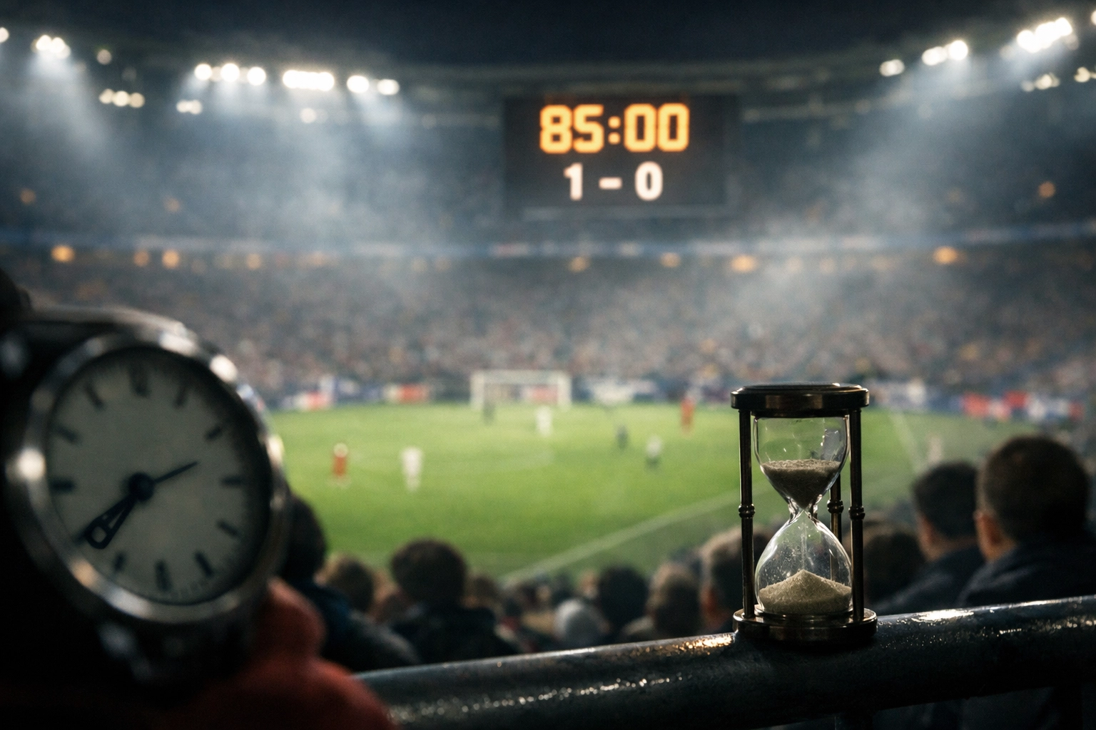 Anzeigetafel in der 85. Spielminute in einem Fußballstadion für Wetten in der Schlussphase.