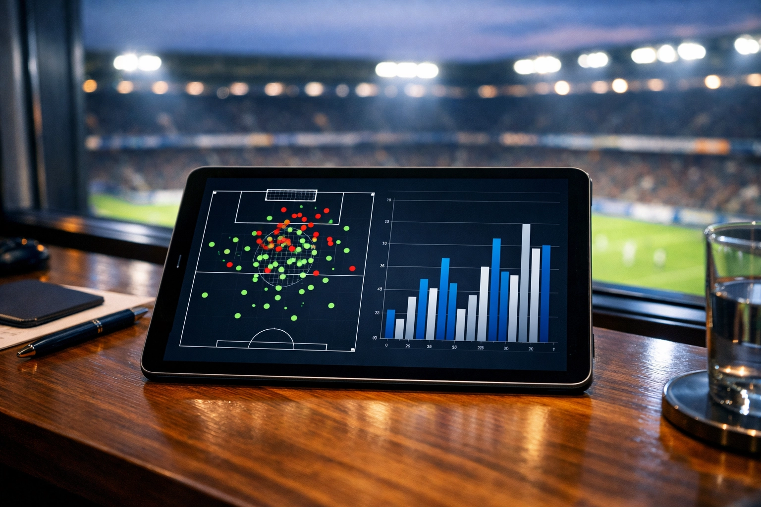 Digitale Fußball-Datenanalyse mit xG-Werten auf einem Tablet in einer Stadion-Loge.