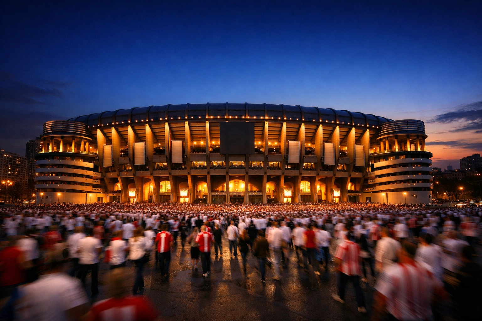 Beleuchtetes Santiago Bernabéu Stadion in Madrid vor dem Derby zwischen Real Madrid und Atlético.