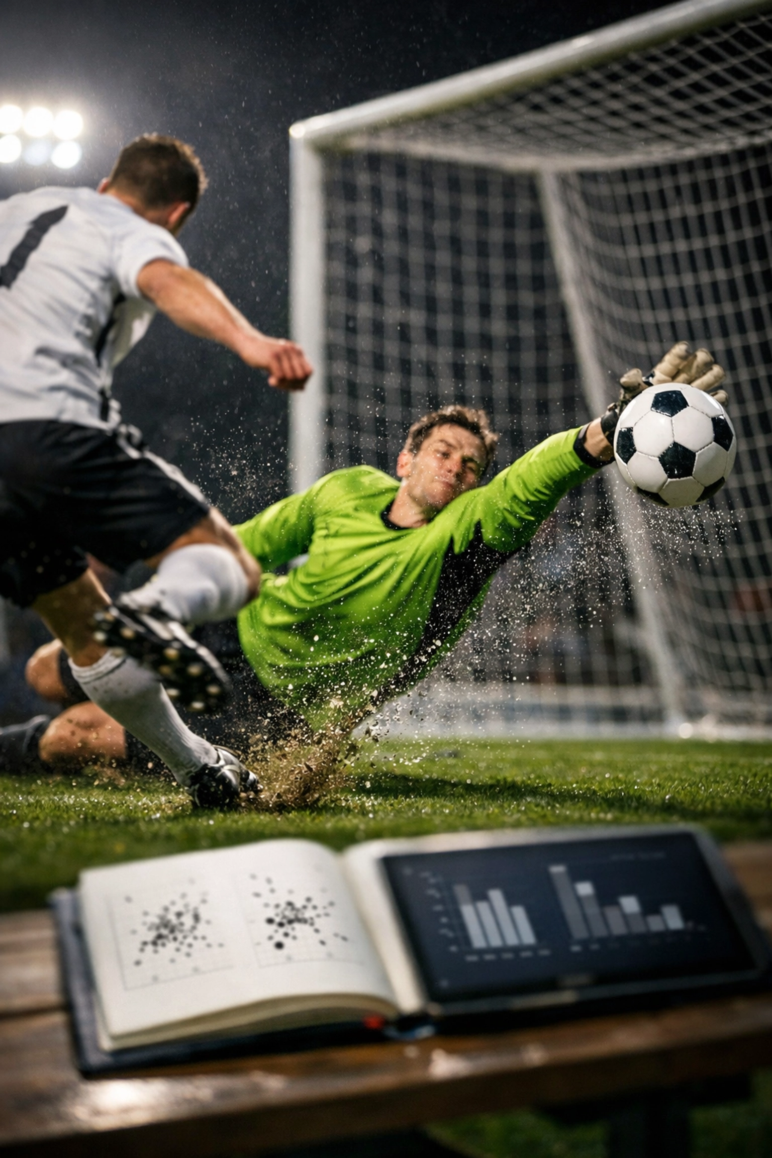 Live-Fußballszene mit Torschuss und xG-Leistungsanalyse zur statistischen Regression.