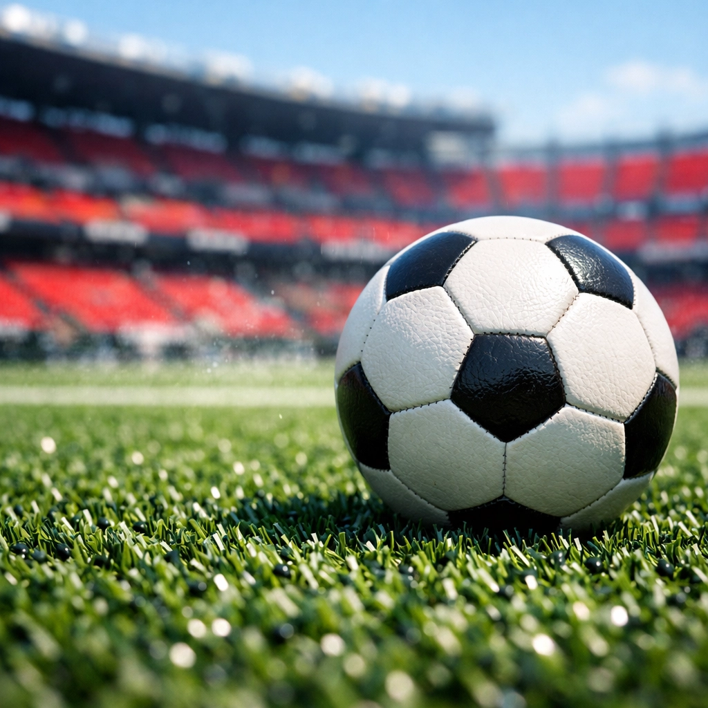 Nahaufnahme eines Fußballs auf Kunstrasen beim Club Tijuana Heimspiel in der mexikanischen Liga MX.