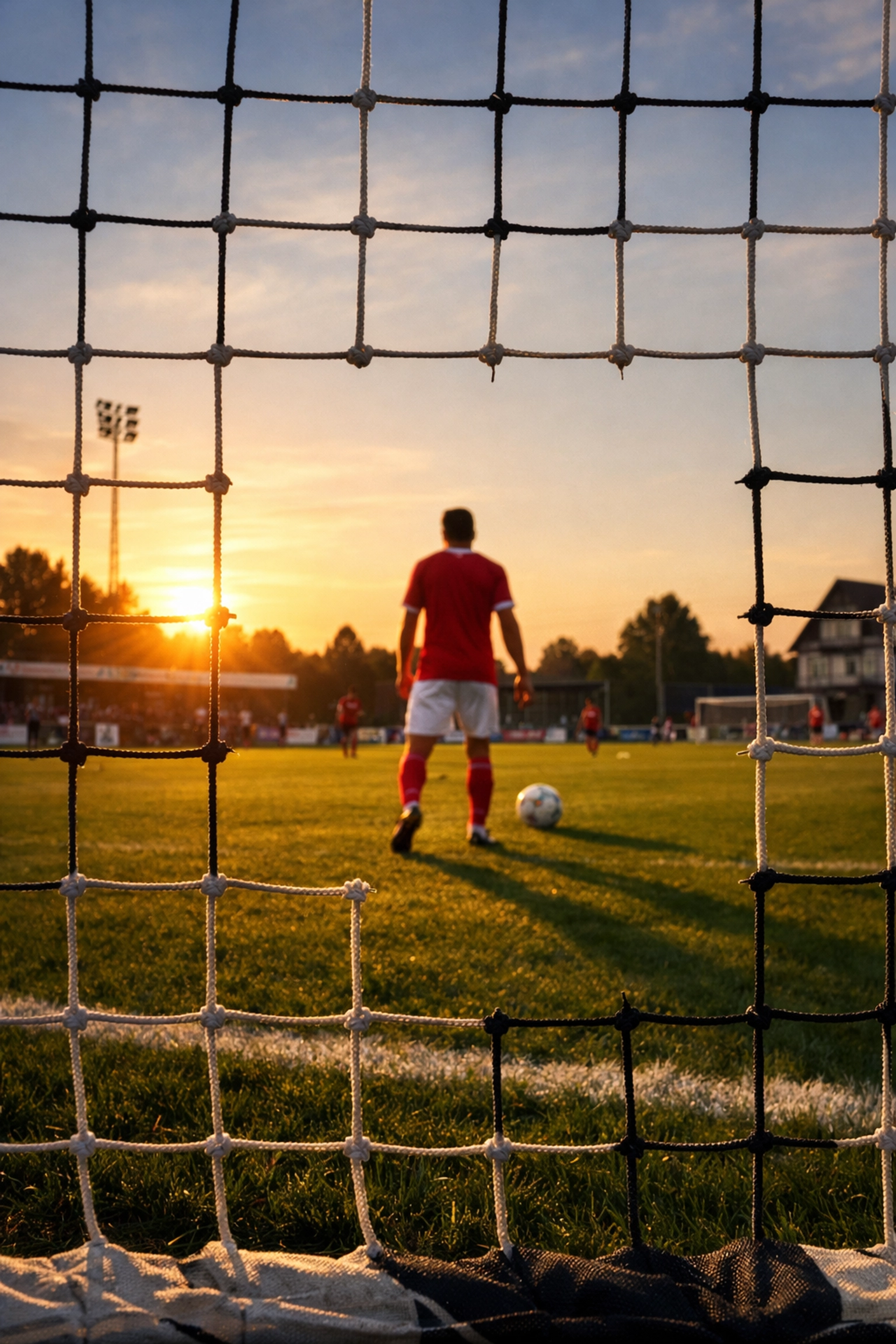 Perspektive hinter dem Tor auf das Spielfeld während der Spielvorbereitung.
