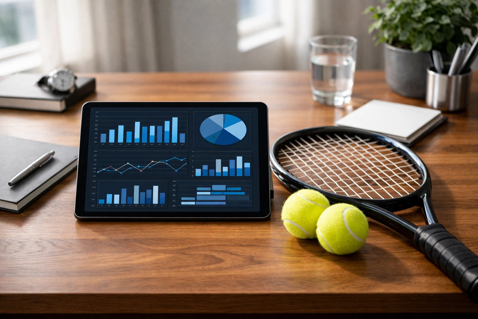 Datenanalyse am Arbeitsplatz: Tablet mit Statistiken und Tennisschläger für fundierte Wettstrategien.