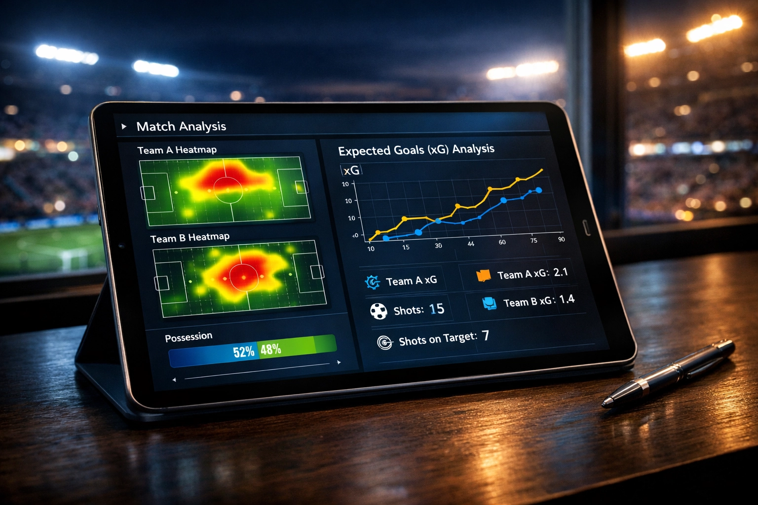 Tablet mit detaillierter xG-Analyse und Fußball-Statistiken für die Europa League Prognose.