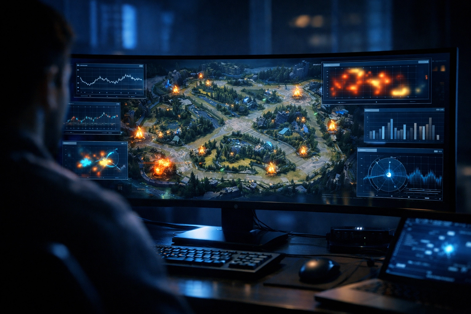 Analyse-Arbeitsplatz für Live E-Sports Wetten mit taktischer Map und Datenfenstern zur Spielbeobachtung.