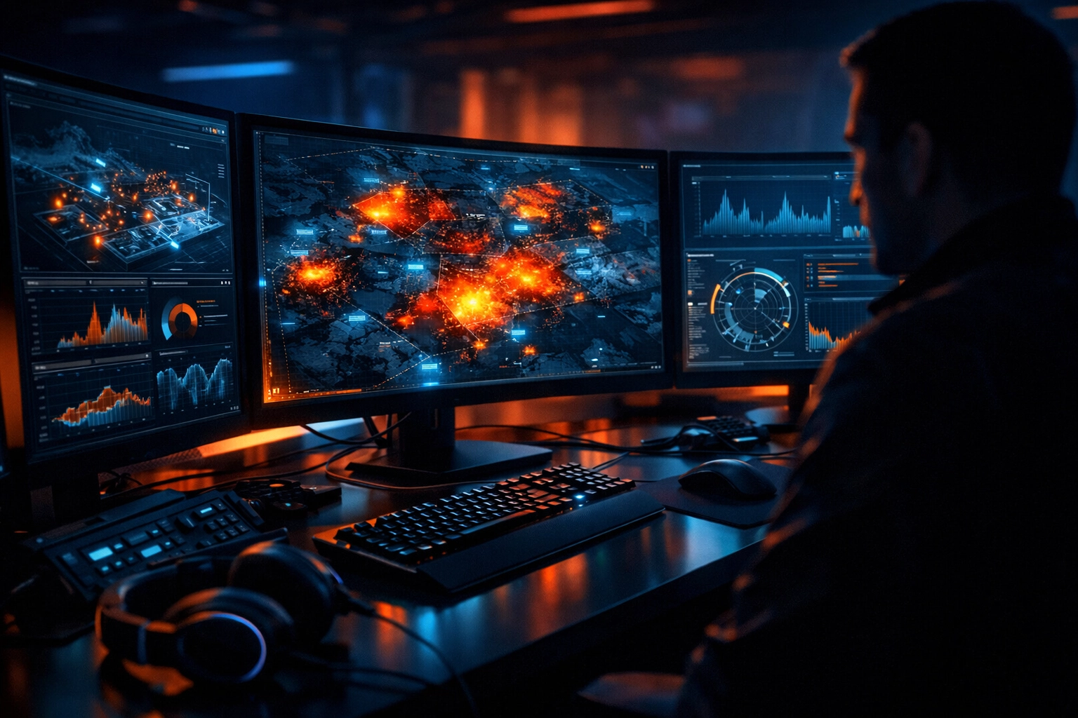 Professionelle Dota 2 Datenanalyse an einem E-Sports-Arbeitsplatz mit Heatmaps und Statistiken.