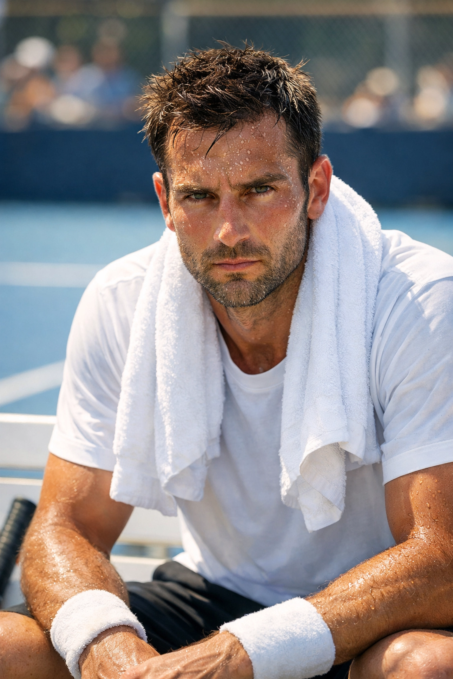 Erschöpfter Tennisspieler beim Seitenwechsel zur Veranschaulichung der Formanalyse im Tennis.