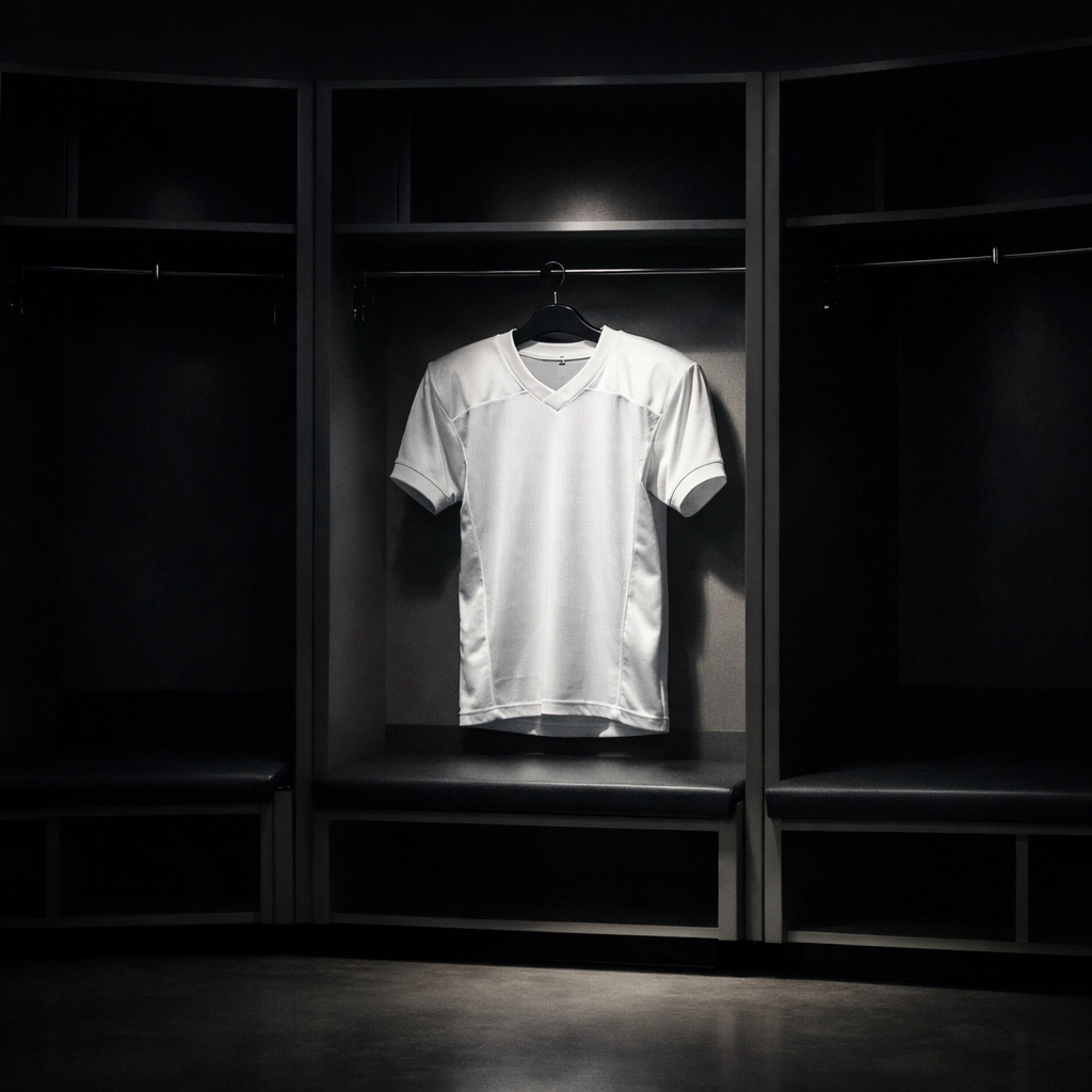 Fußball-Trikot in leerer Kabine als Symbol für die Kader-Probleme und Ausfälle bei Real Madrid.