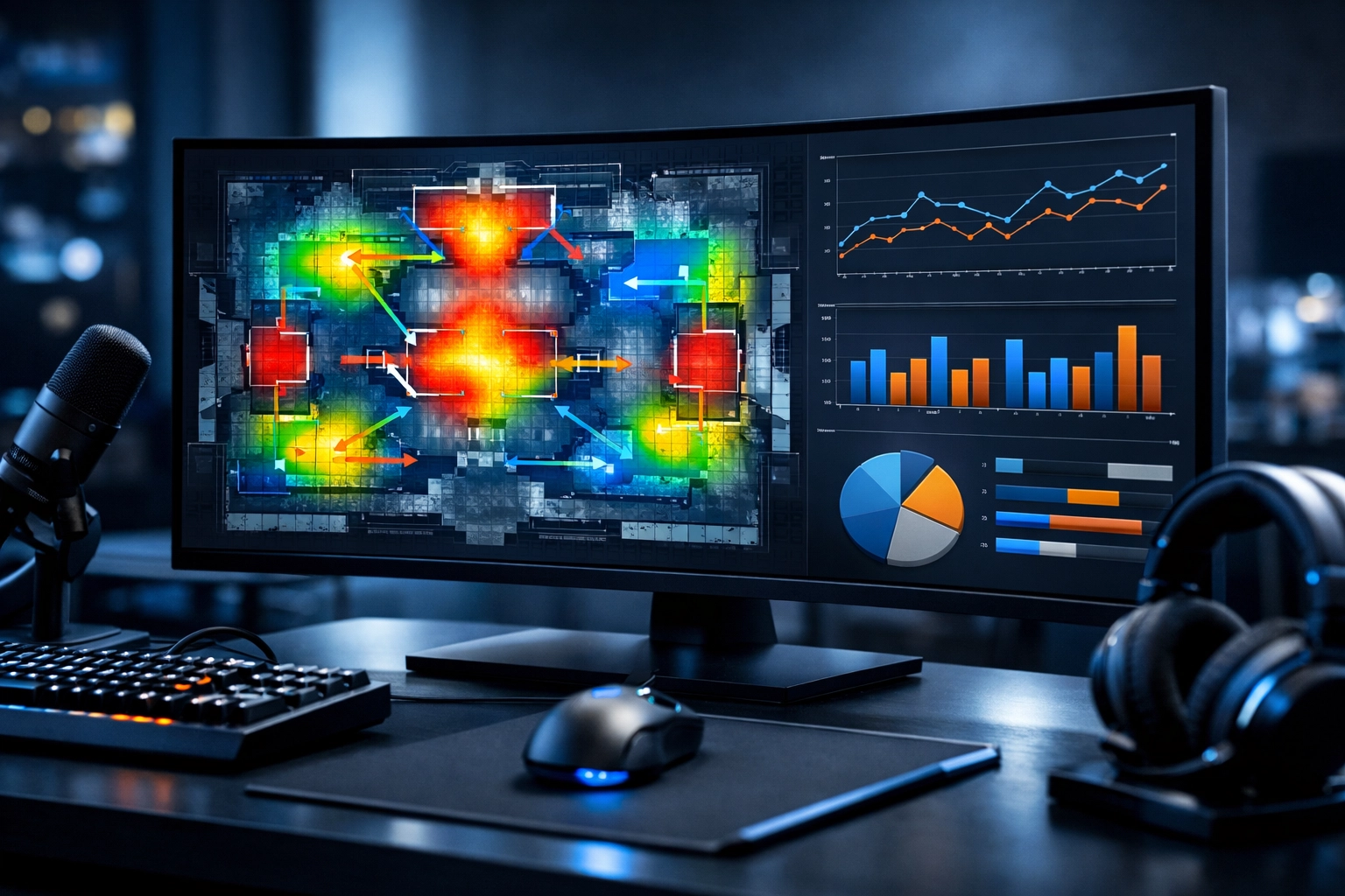 E-Sports Analyse Monitor mit Heatmap und Performance Statistiken für Team Prognosen.