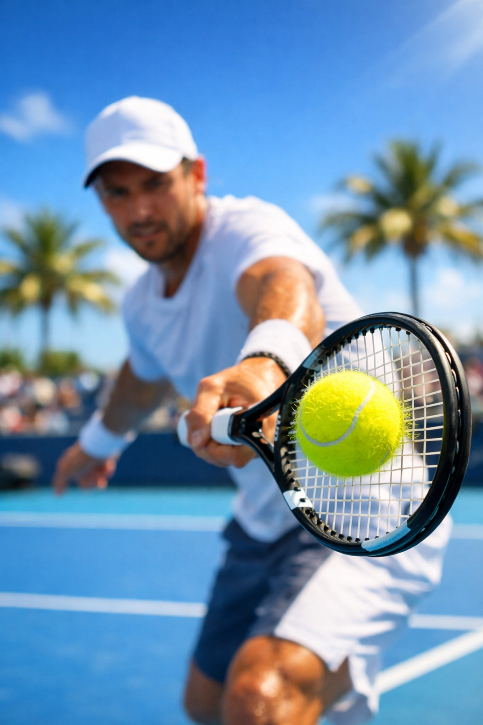 Tennis-Profi beim Aufschlag auf dem blauen Hartcourt der Miami Open für aktuelle Wett-Tipps.