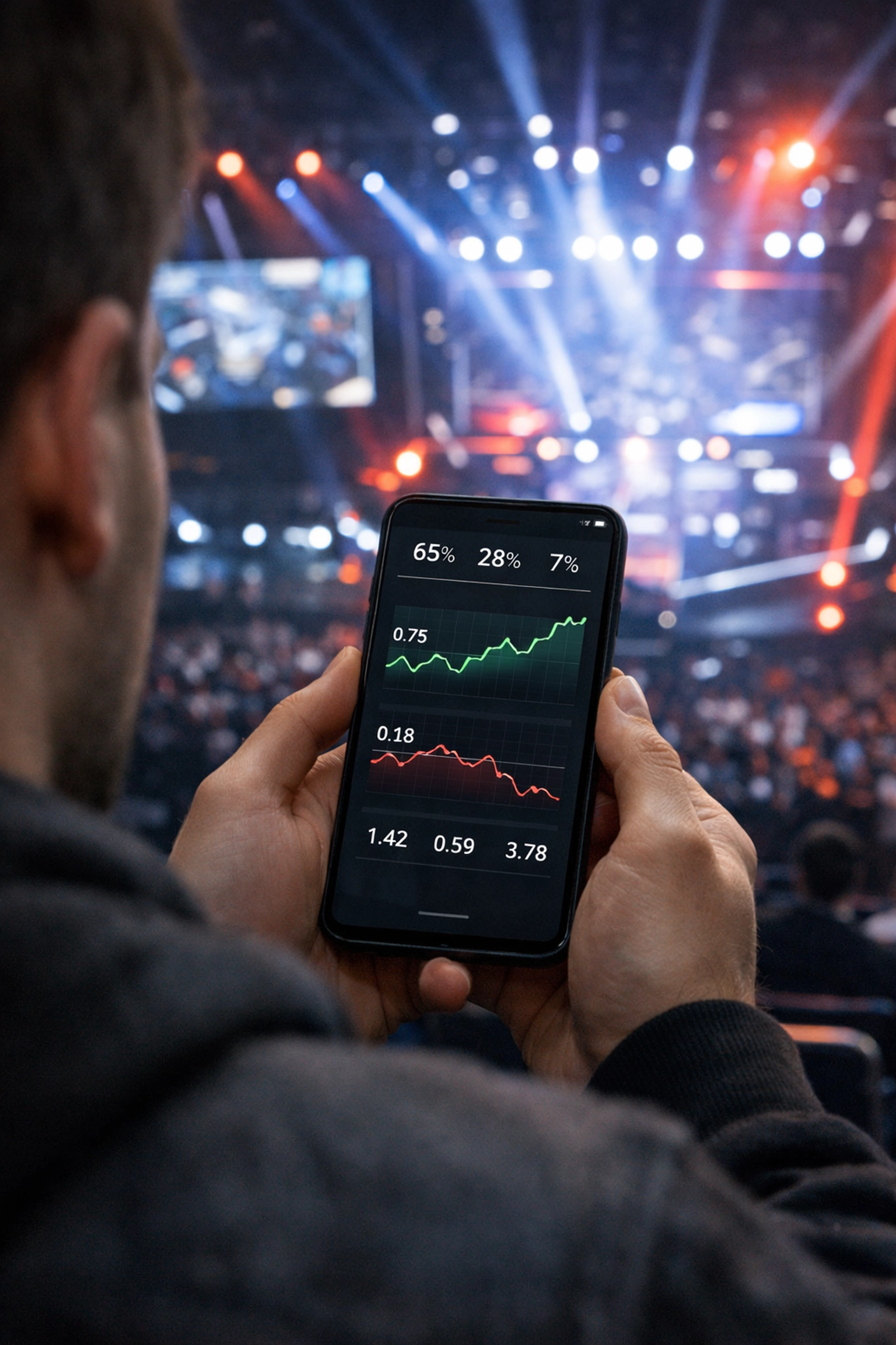 Mobile Analyse von E-Sports Quoten und Gewinnwahrscheinlichkeiten während eines Live-Events.