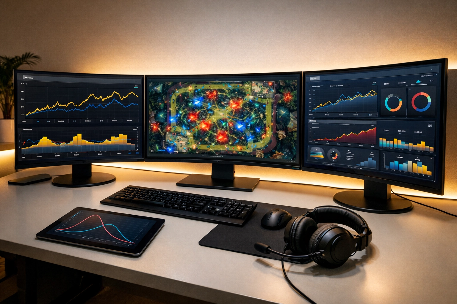 Moderner Analyse-Arbeitsplatz mit Datenvisualisierungen für professionelle E-Sports Prognosen