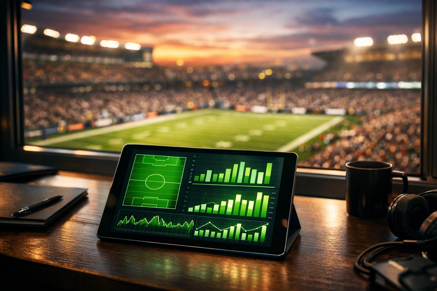 Tablet mit statistischen Daten zur Spielanalyse Bayern gegen Union Berlin in einer Stadionkabine.