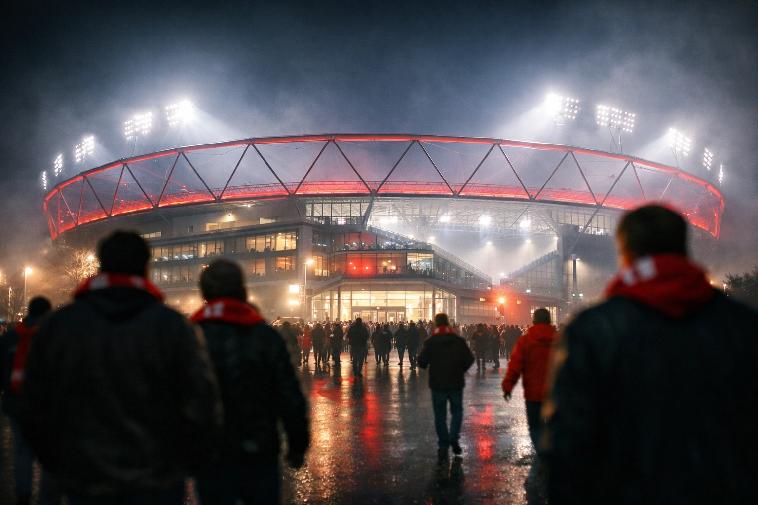 Die beleuchtete BayArena bei Nacht vor dem Champions League Rückspiel Leverkusen gegen Arsenal.